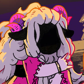 An image of a ram person. Their horns and blouse are hot pink and they are wearing light pink gloves. Their skin is pure black and they have no face. They are making the "rock on" symbol with their right hand. The background is of a simple plain.