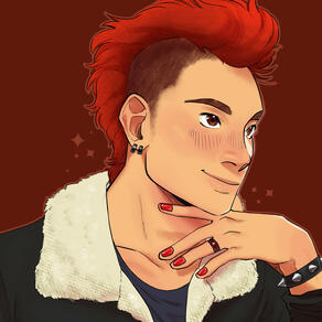An icon featuring a person with brown eyes looking right with their index finger under their chin. They have a red mohawk, shaved sides, and are wearing a white and grey jacket, studded bracelet, and red fingernails.