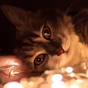 A realistic digital painting of a brown and white cat with dark brown and white markings resting its head on the floor while being dazzled by tangled white/yellow fairy lights in front of them.