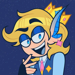 A cartoon icon of a man with golden blonde hair and blue eyes. His hair is medium length and swooped up. He has long, pointy ears with blue ribbing, and is wearing a golden crown. He looks smug and is pressing his finger against his chin.