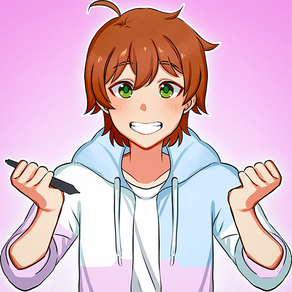 A person with medium orange-brown hair and green eyes looks excitedly towards the camera with a smile on their face. Both their hands are up and gripped excitedly, with their right hand holding a tablet pen. They are wearing a pink/white/blue jacket.
