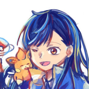 A sketchy anime drawing of a girl with long blue hair and small red and yellow streaks. She is holding a Pawmi, and they both look happy, with the girl looking at the Pawmi with a smile and her right eye closed. A Pokemon Center is mostly off-screen.