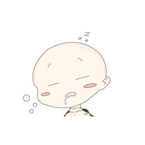 A simple icon of a bald person sleeping. Their eyes are shut, their mouth is open with a little drool, and they have small circular blush. Their shirt is black and yellow. There are bubbles to their left and little "z's" up top. The background is white.